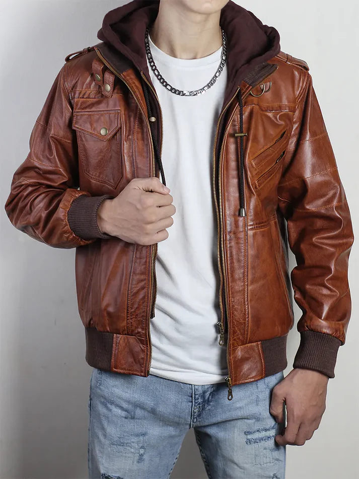 Vintage Brown Hooded Leather Bomber Jacket