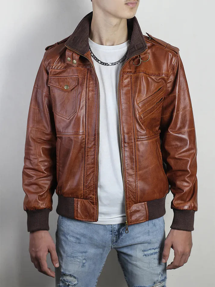 Vintage Brown Hooded Leather Bomber Jacket