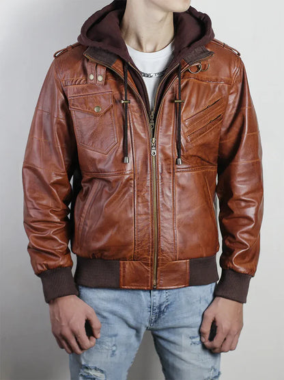 Vintage Brown Hooded Leather Bomber Jacket