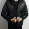 Black Leather Hooded Bomber Jacket