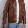 Men brown polo collar leather jacket
