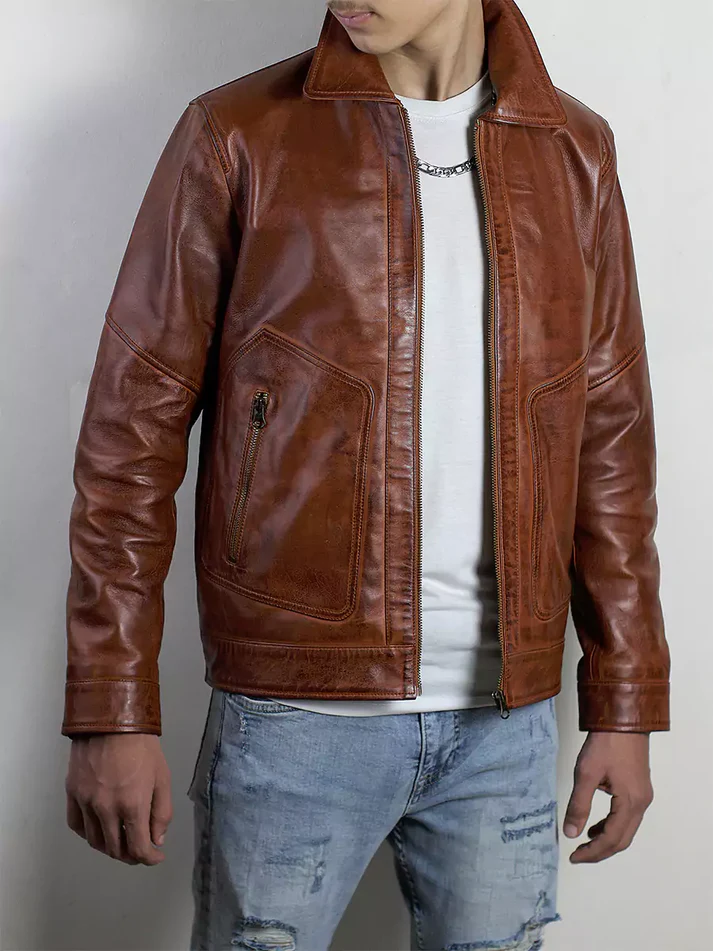 Men brown polo collar leather jacket