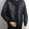 Men's Black Leather Hooded Bomber Jacket