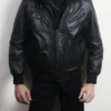 Men's Black Leather Hooded Jacket