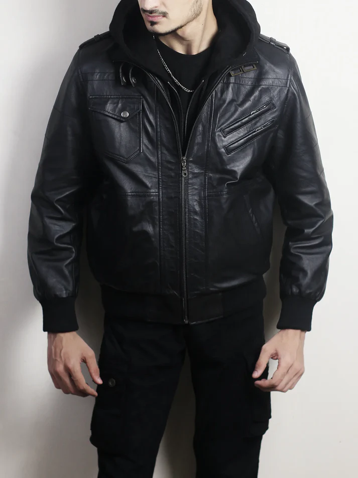 Men's Black Leather Hooded Jacket