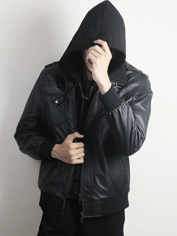 Men's Leather Hooded Bomber Jacket