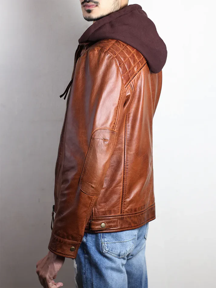 brown leather hooded jacket
