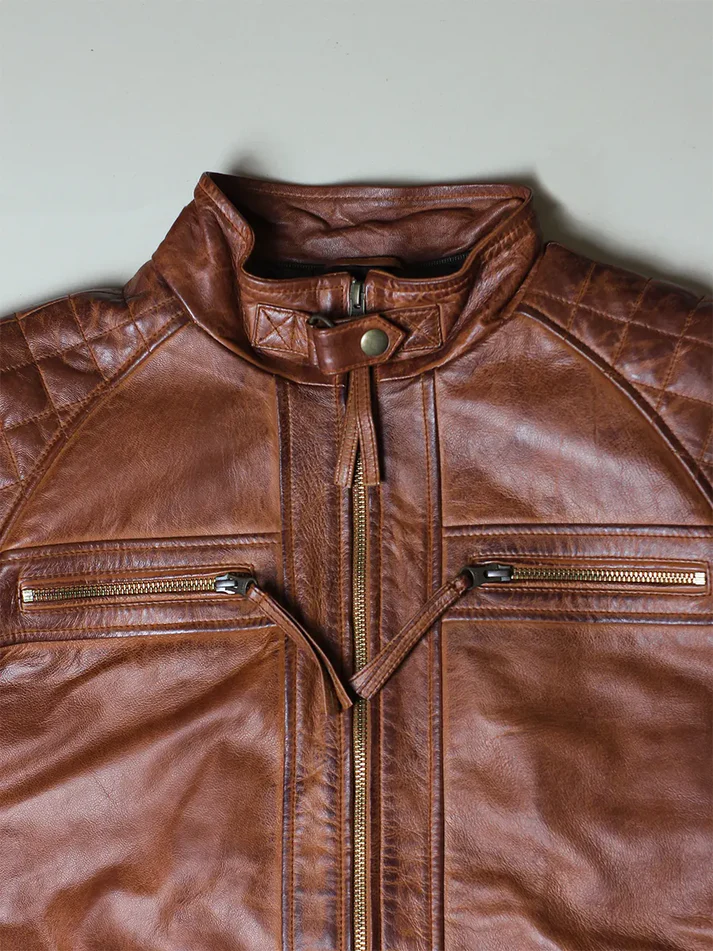 quilted shoulder leather jacket